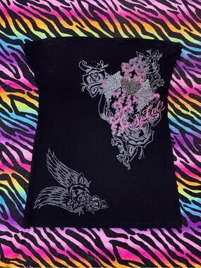 Y2K vintage 2000s affliction SoCal grunge Black Rhinestone Tube Top Pink Accents